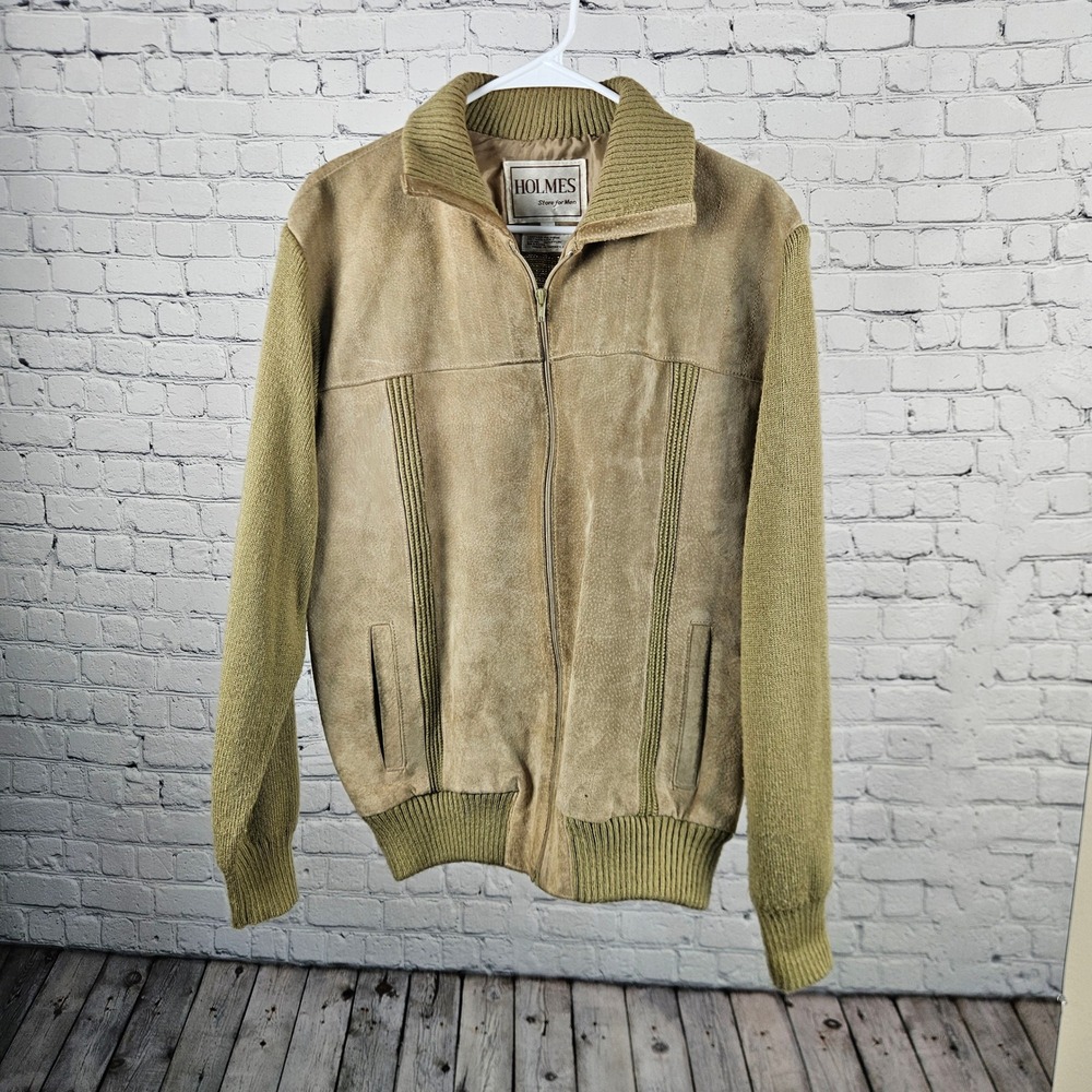 Vintage Holmes Store for Men Pig Suede Knit Bomber Jacket Tan Green Large